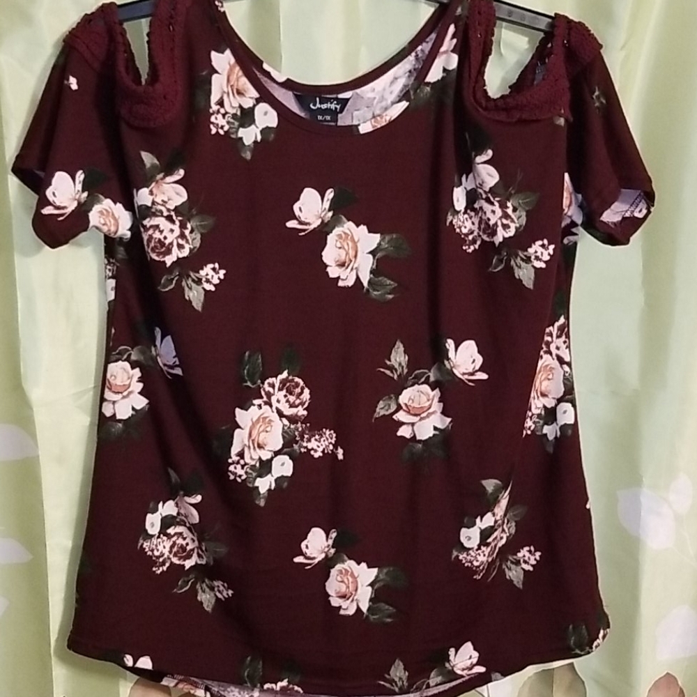 Maroon Floral Cold Shoulder Top